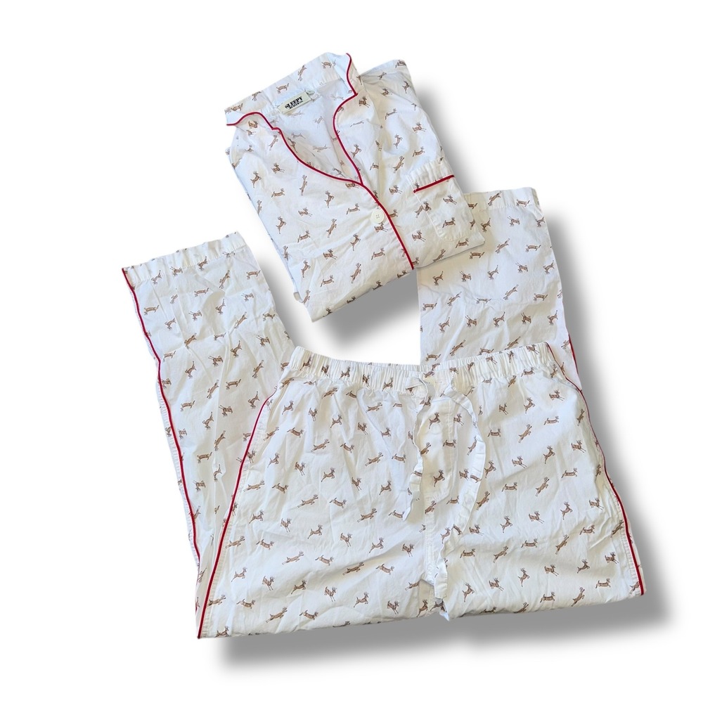 Sleepy Jones Women's Pajama Set Size S Deer Print White Red‎ Trim Sleepwear